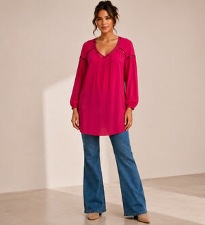 Gerard Darel Women 100% Silk Tunic Blouse Sz L V Neck Crochet Trim Boho Parisian